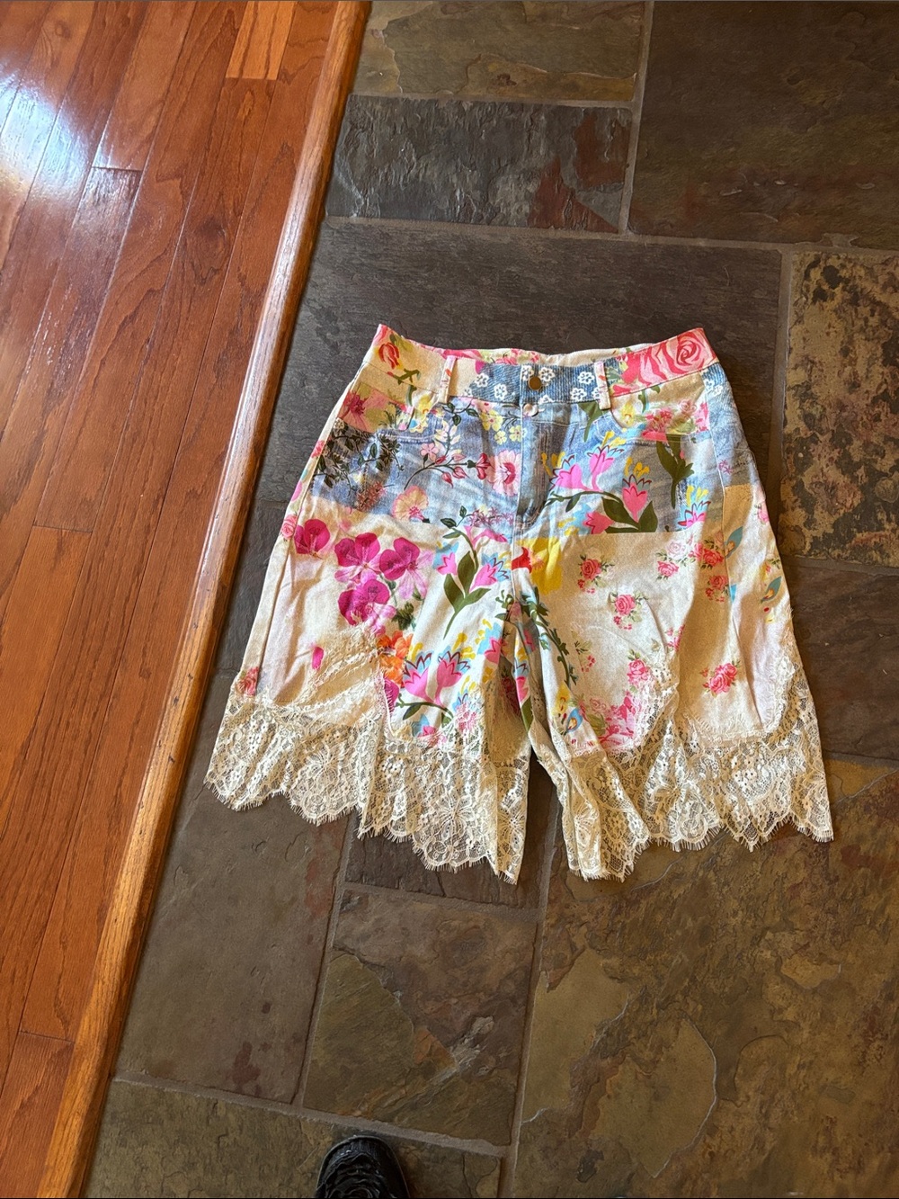 SHEIN Floral Multicolor Lace-Trim Shorts - Pink Blue Yellow
